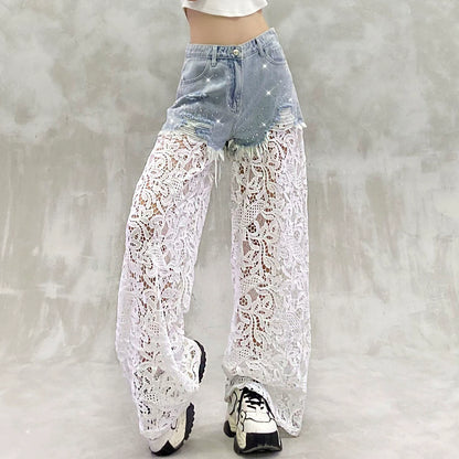 Lace-Embellished High-Waisted Wide-Leg Jeans
