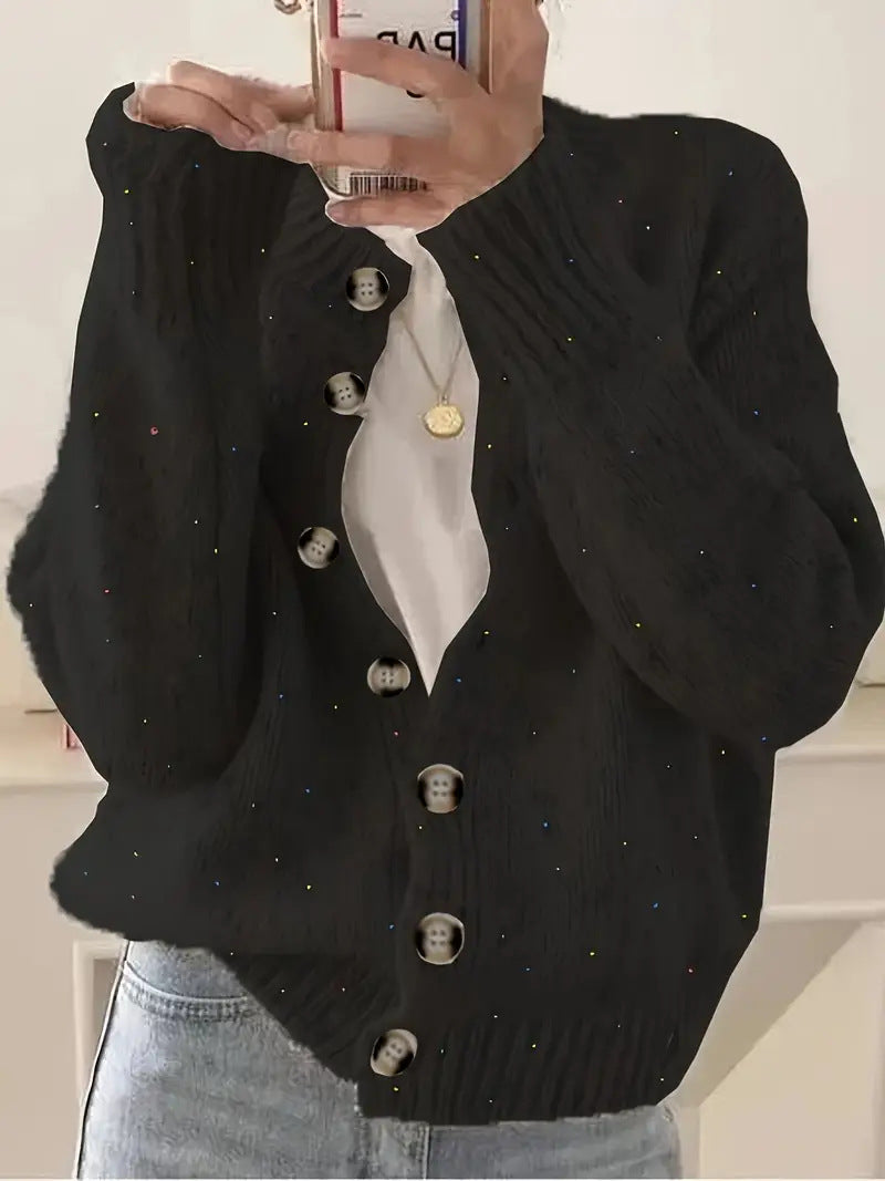 Speckled Yarn Cardigan with Front Buttons