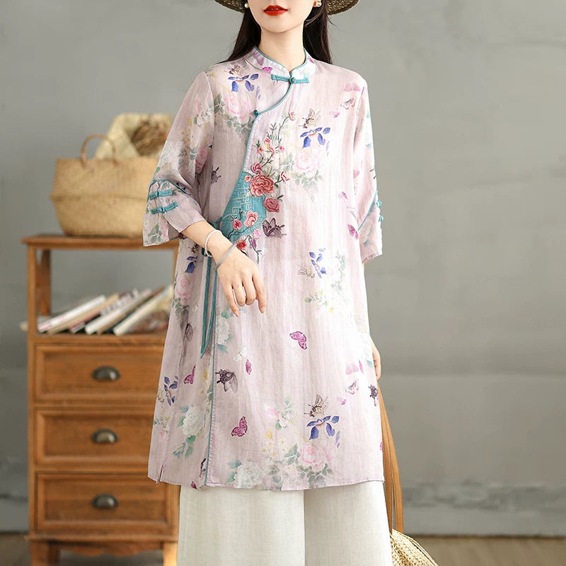 Relaxed Floral Tunic with Embroidered Panel & Tie Detail