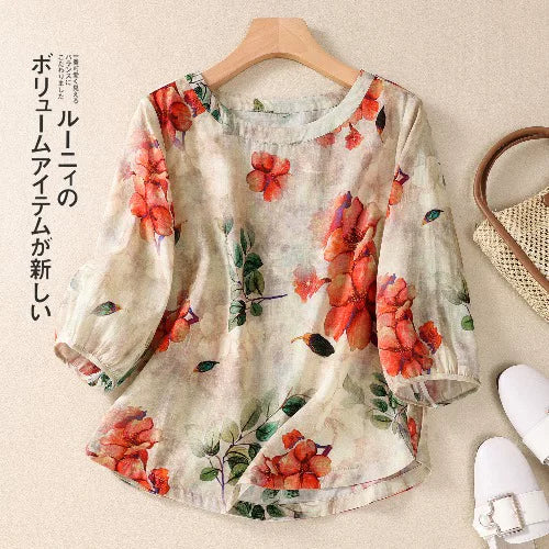 Floral Print Shirt with Three Quarter Sleeves, Cotton Linen
