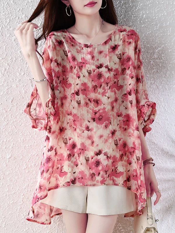 Floral Print Relaxed Top with Ruffled Elbow Sleeves
