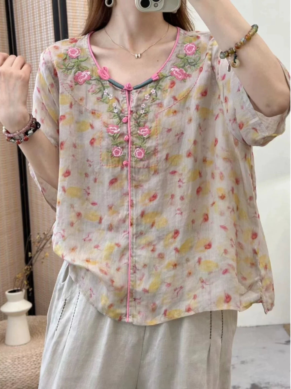 Embroidered Floral Print Half Sleeve Shirt