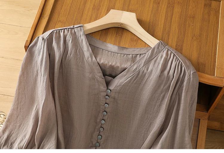 Cotton Linen V-Neck Long Sleeve Shirt with Lantern Sleeves