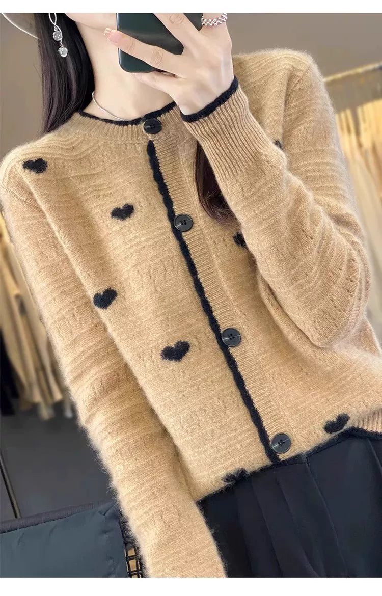 Heart-Motif Wool-Like Knit Cardigan, Relaxed Hip-Length