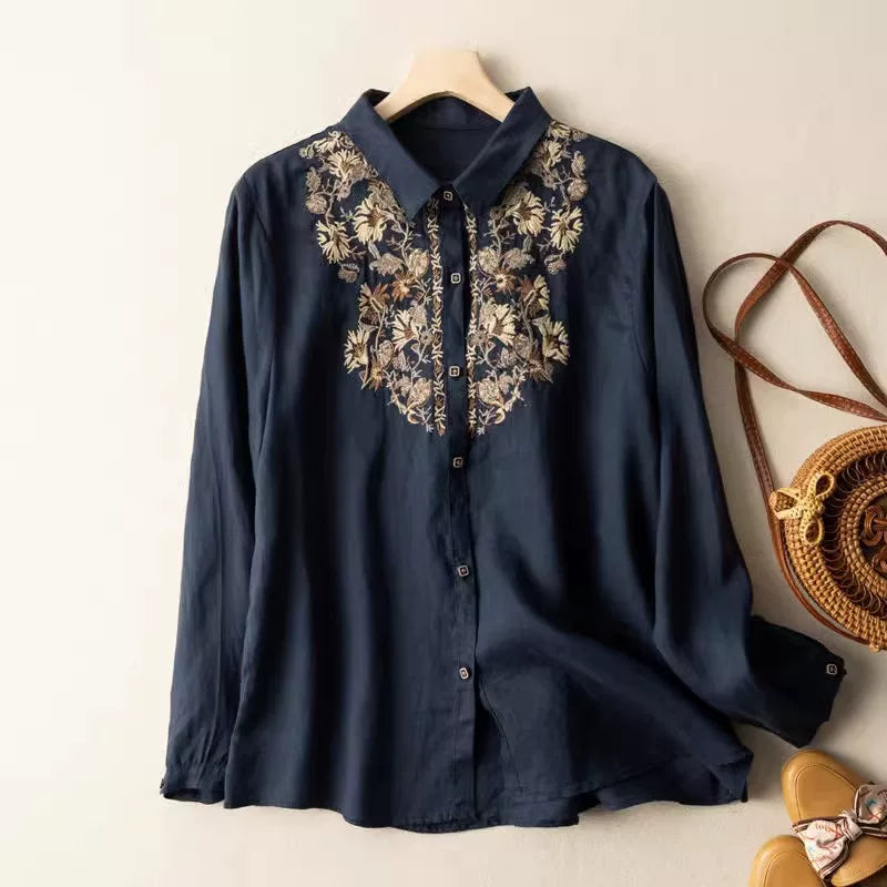Embroidered Cotton-Linen Blouse with Shirt Collar