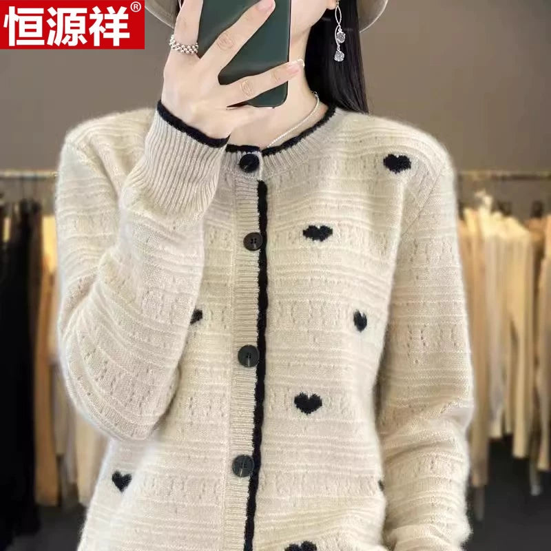 Heart-Motif Wool-Like Knit Cardigan, Relaxed Hip-Length