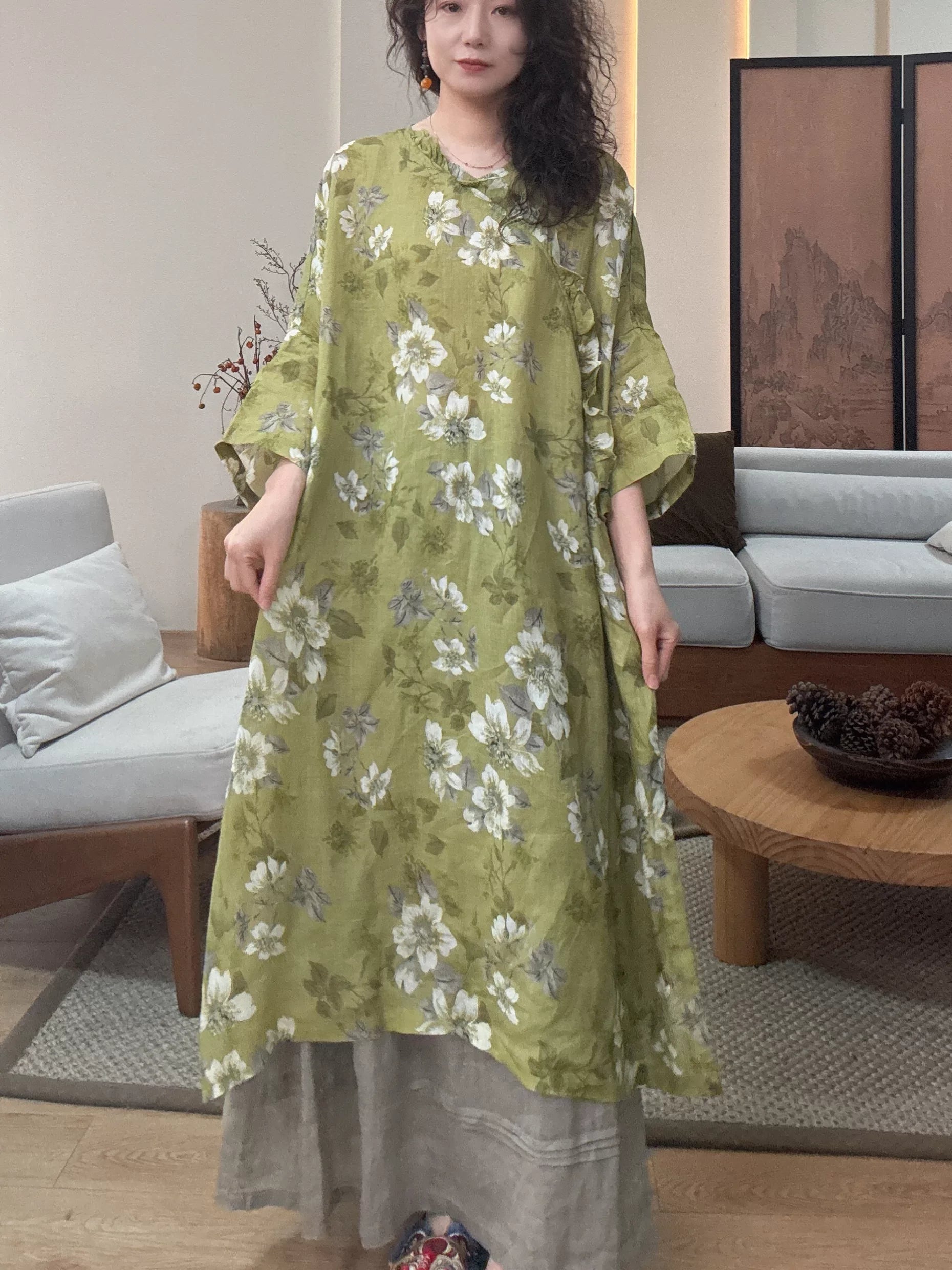 Relaxed Linen Midi Dress with Subtle Print
