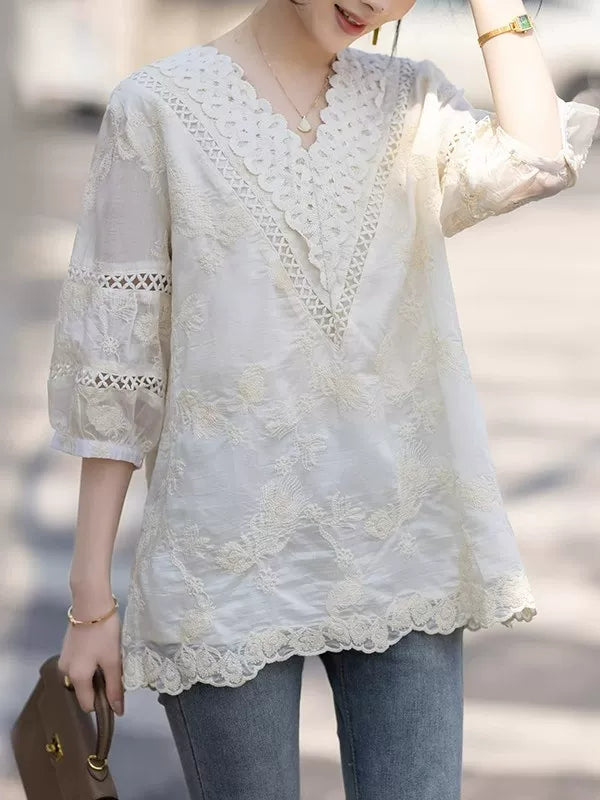 Apricot V-Neck Top with Embroidered Cutouts