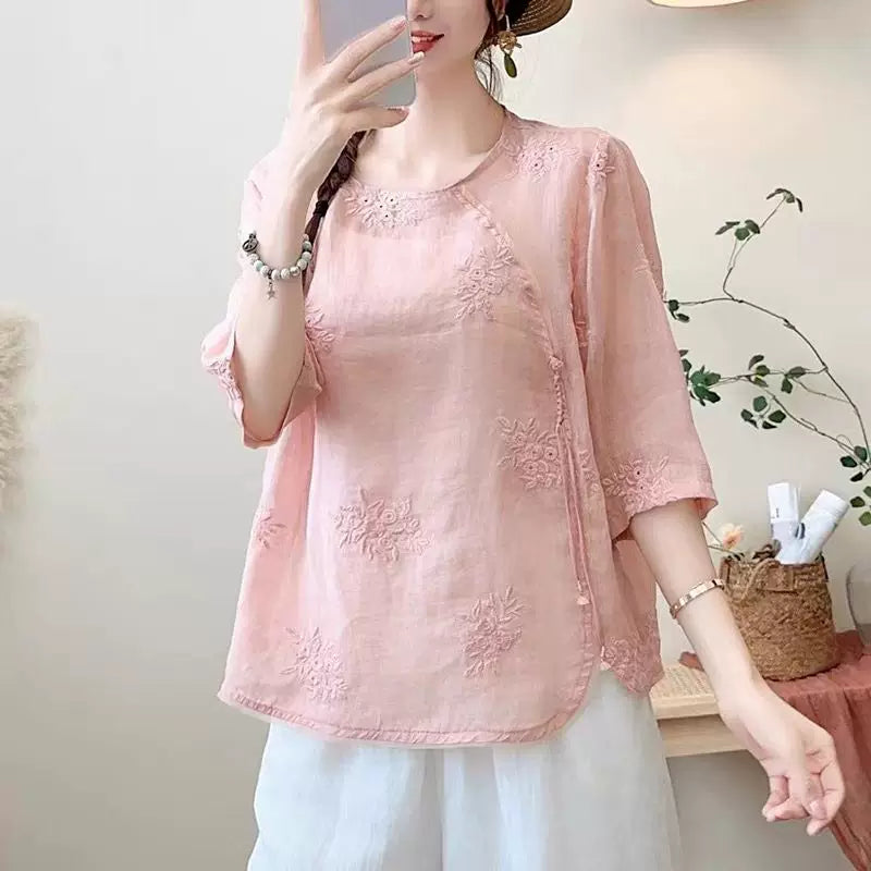 Embroidered Three Quarter Sleeve Shirt, Cotton Linen