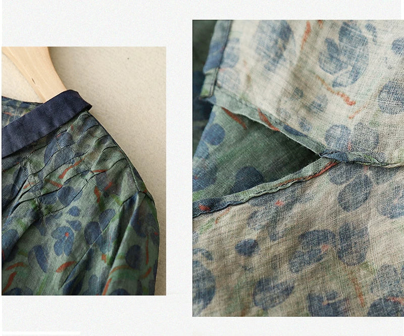 Floral Print Cotton Linen Three Quarter Sleeve Shirt