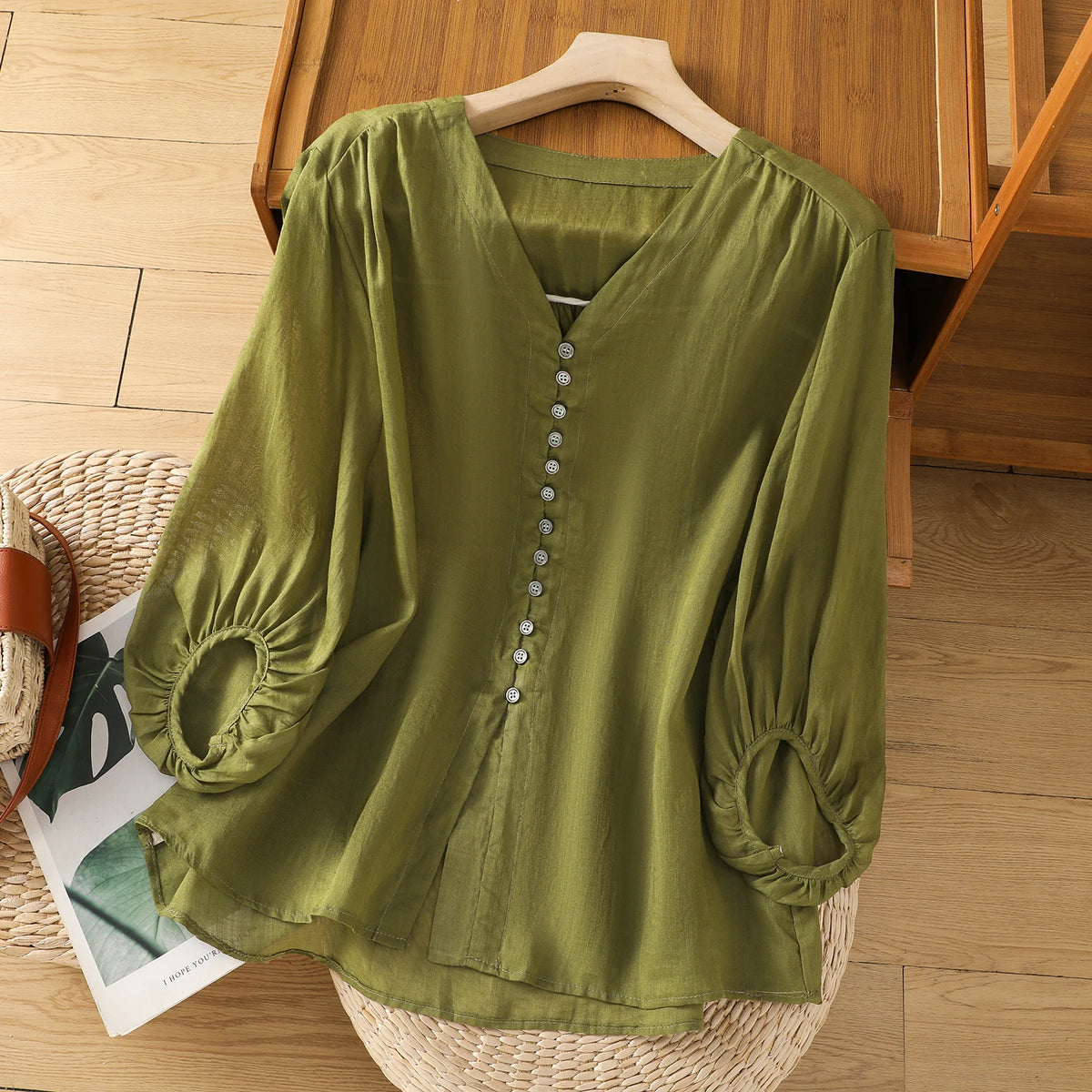 Cotton Linen V-Neck Long Sleeve Shirt with Lantern Sleeves