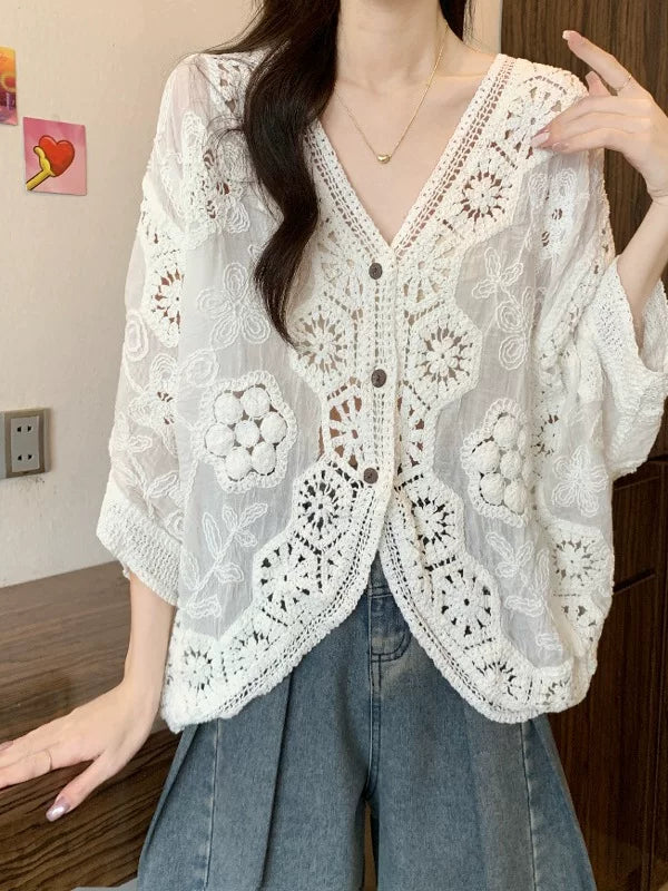 Crochet-Overlay Cardigan with V-Neck Button Front