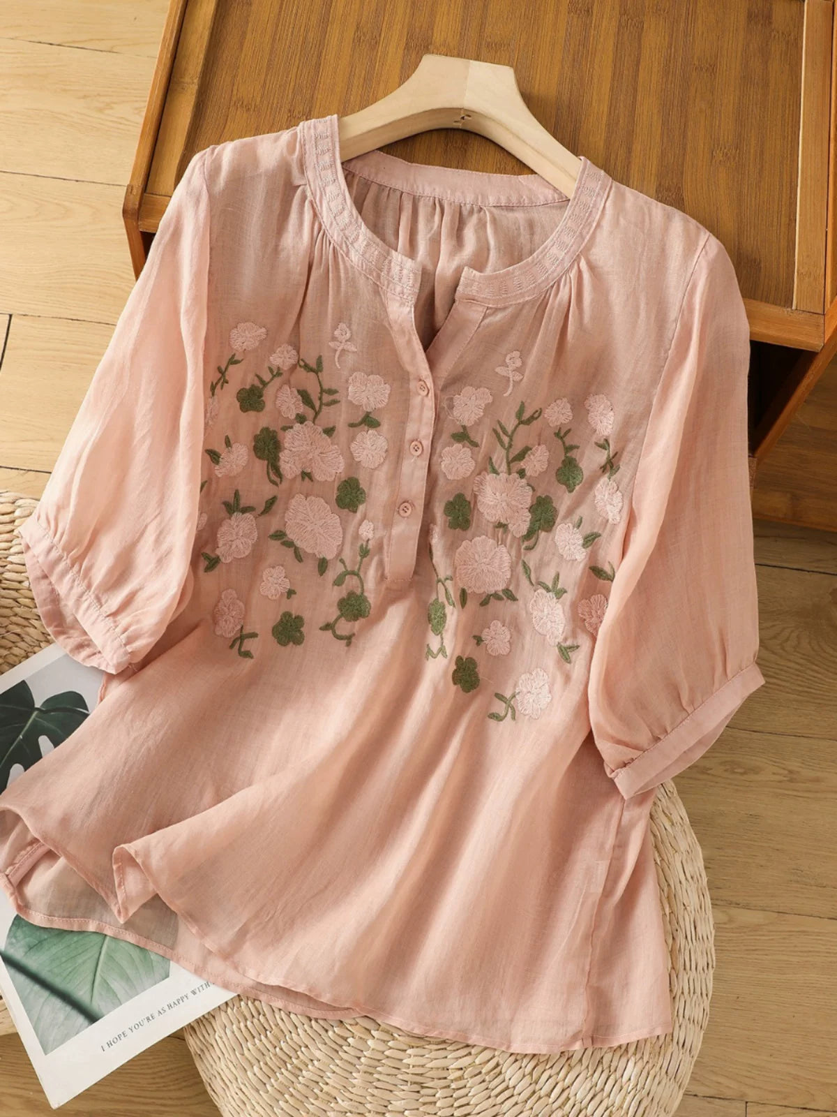 Embroidered Three Quarter Sleeve Cotton Linen Shirt