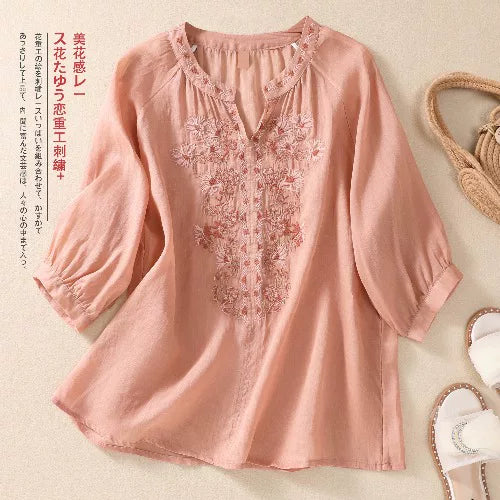 Embroidered Three Quarter Sleeve Blouse, Cotton Linen