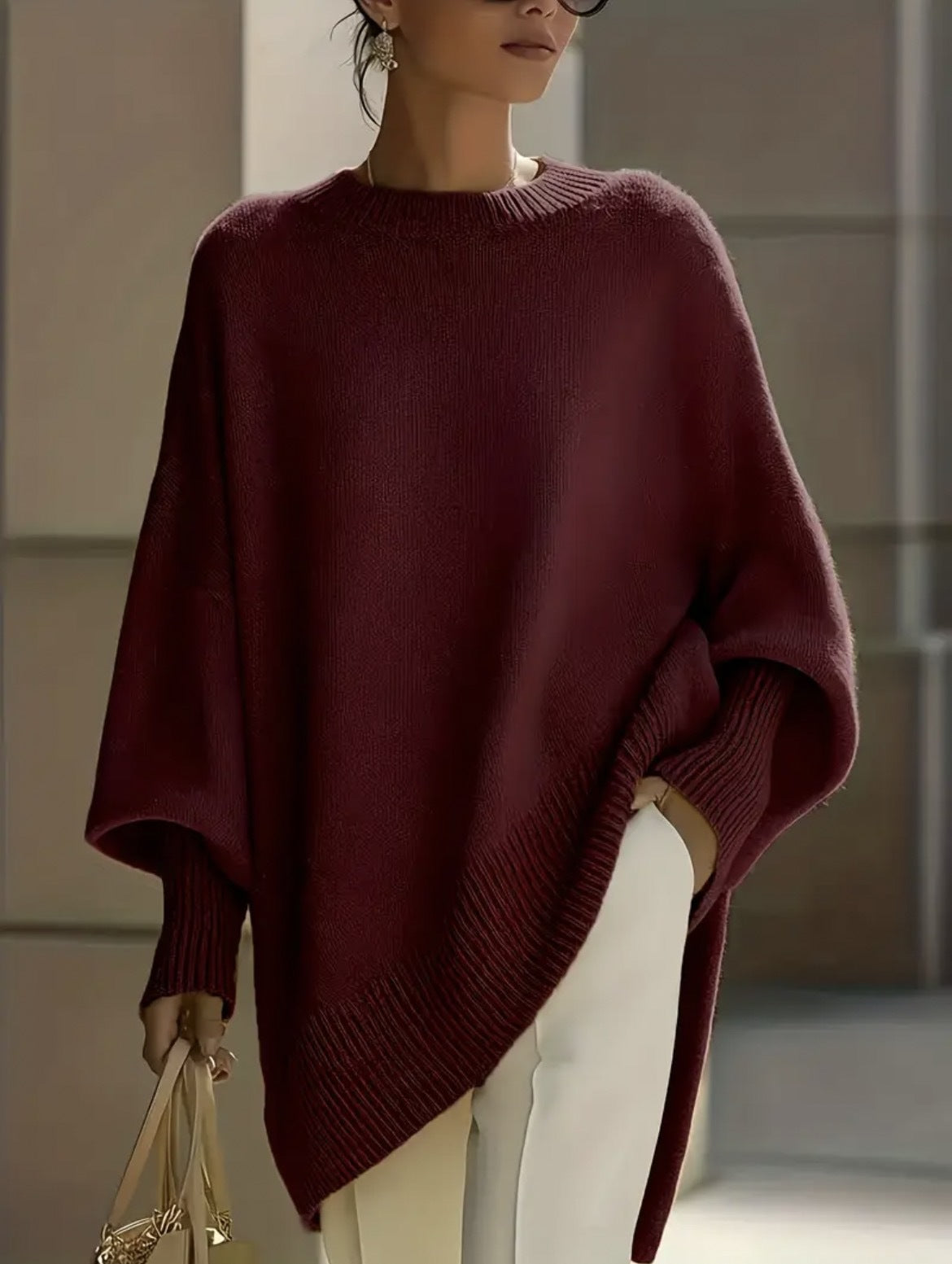 Oversized Knit Sweater with Asymmetrical Hem