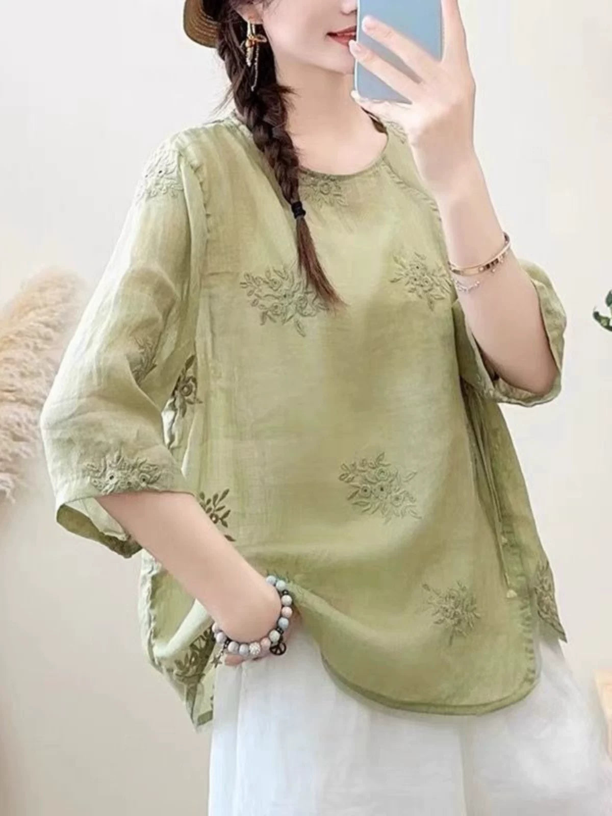 Embroidered Three Quarter Sleeve Shirt, Cotton Linen