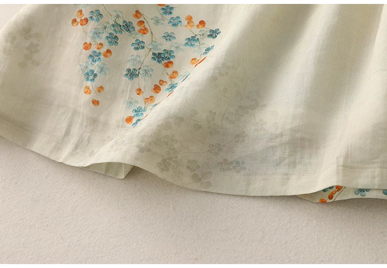 Floral Print Cotton Linen Three Quarter Sleeve Shirt