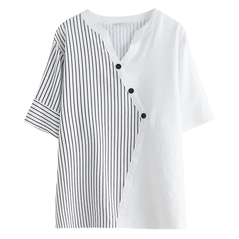 Asymmetrical Striped-Solid Panel Top in Cotton-Linen Blend