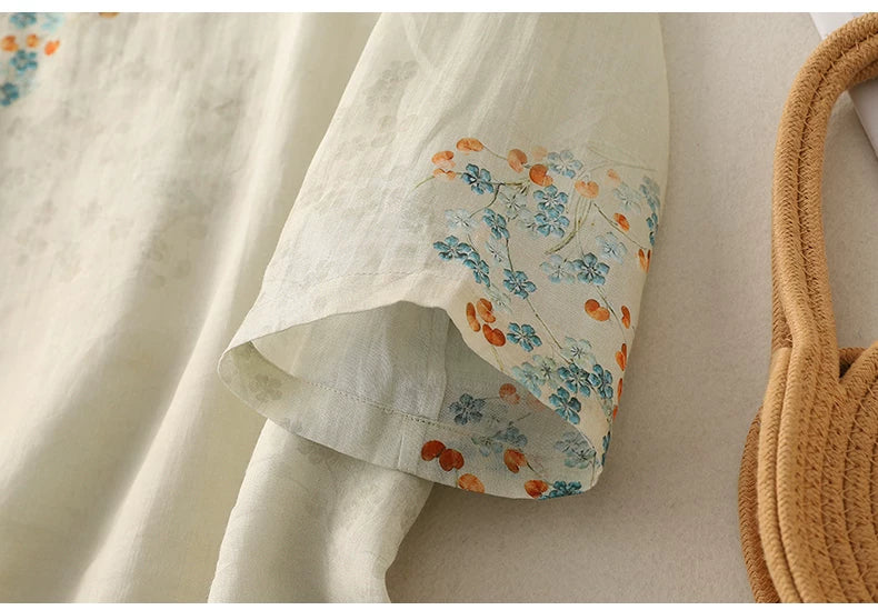 Floral Print Cotton Linen Three Quarter Sleeve Shirt