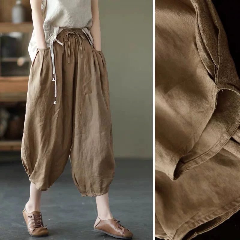 100% Linen Balloon-Leg Pants with Drawstring Waist