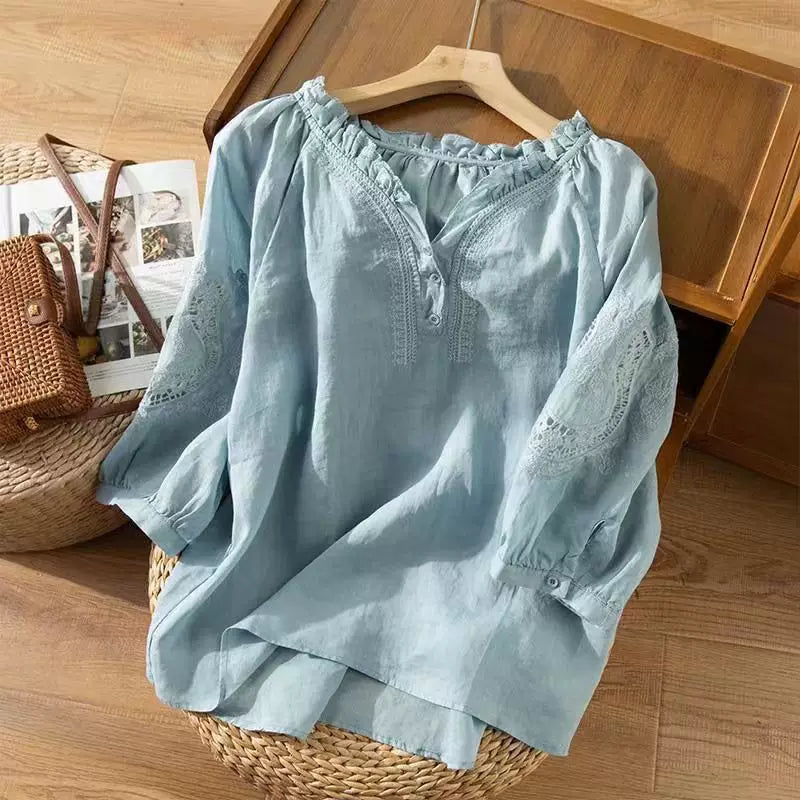 Embroidered Eyelet Lace Trim Half Sleeve Shirt