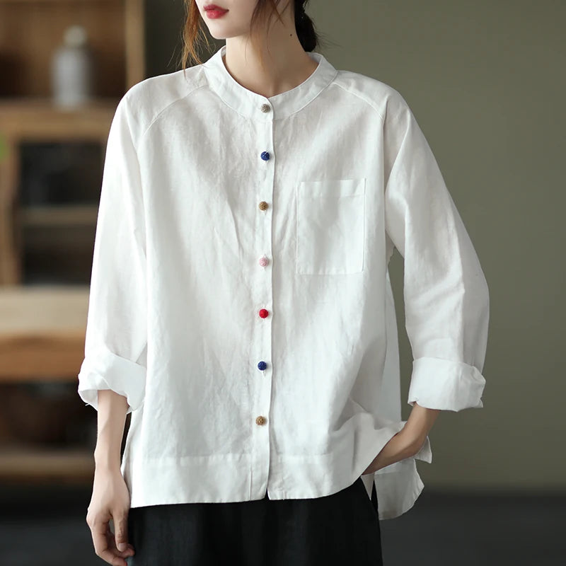 Cotton Linen Small Stand Collar Three Quarter Sleeve Shirt
