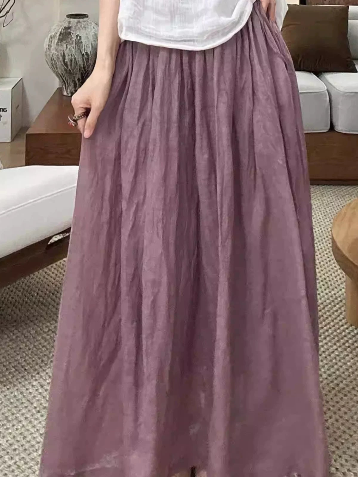 春夏季纯色苎麻双层女装新中式文艺风百搭仙女飘逸宽松半身裙9005
