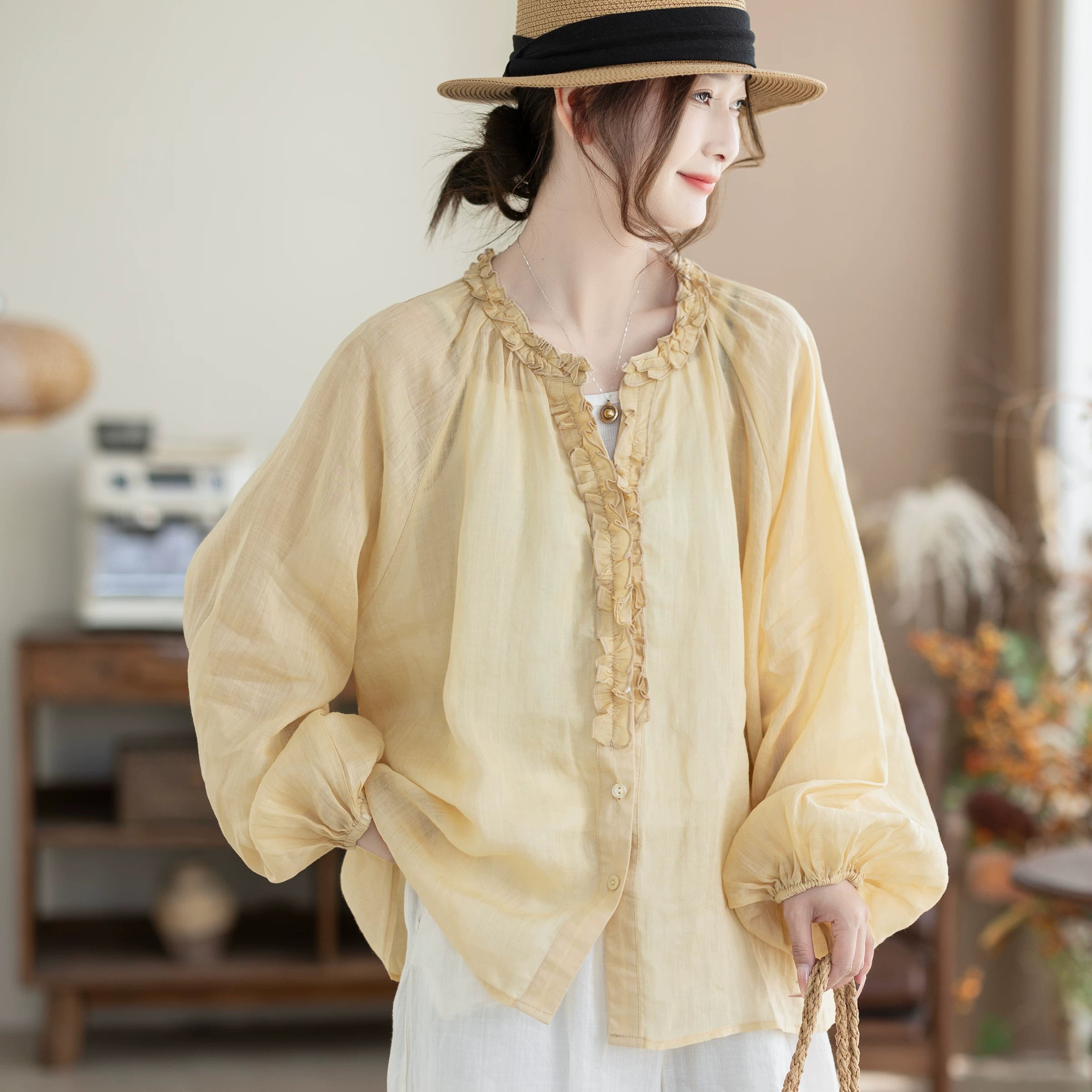 100% Ramie Blouse with Ruffled V-Neck & Elbow Sleeves