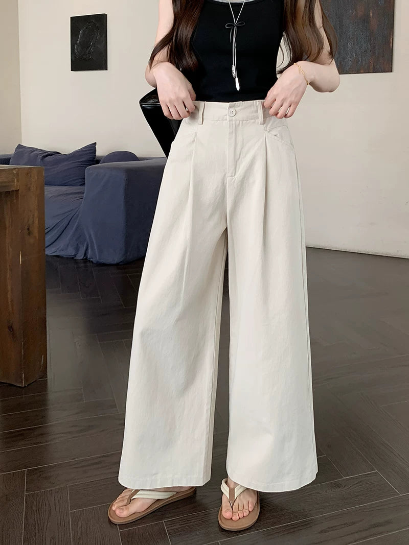 Wide-Leg Pleated Pants in Linen-Look Texture