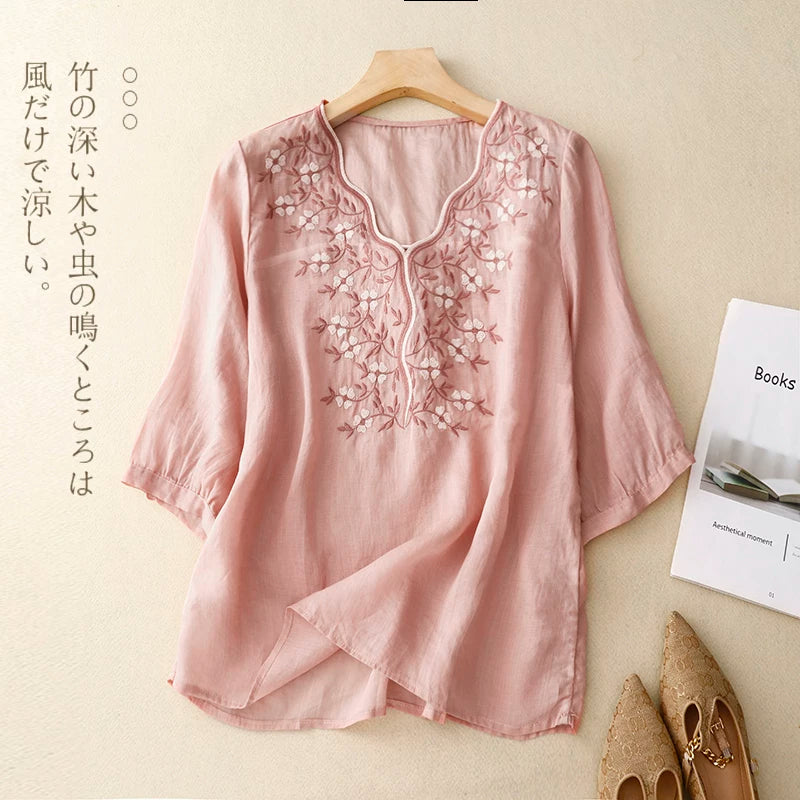 Embroidered Three Quarter Sleeve V-Neck Shirt