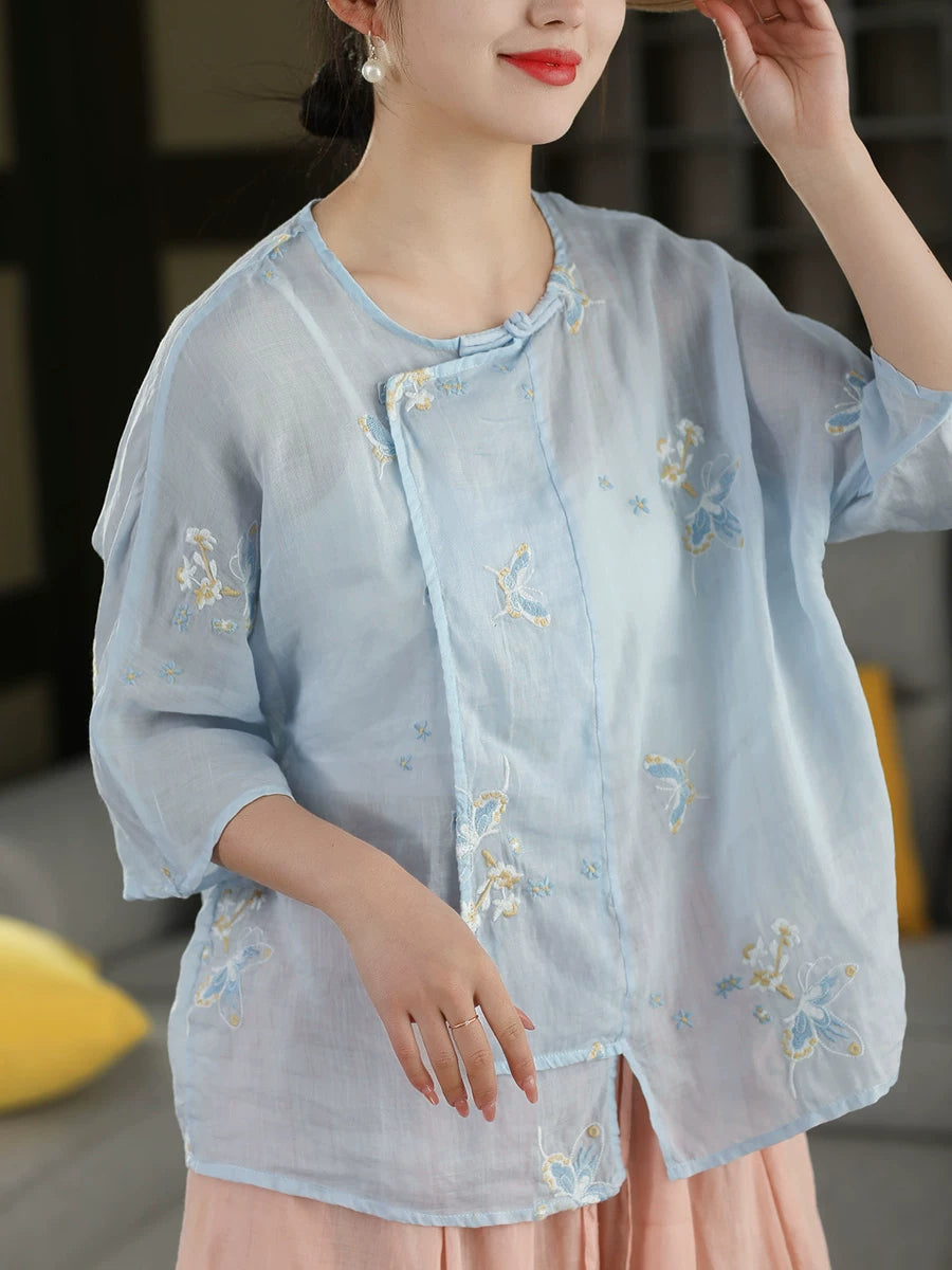 100% Ramie Top with Floral Embroidery & Knot Detail