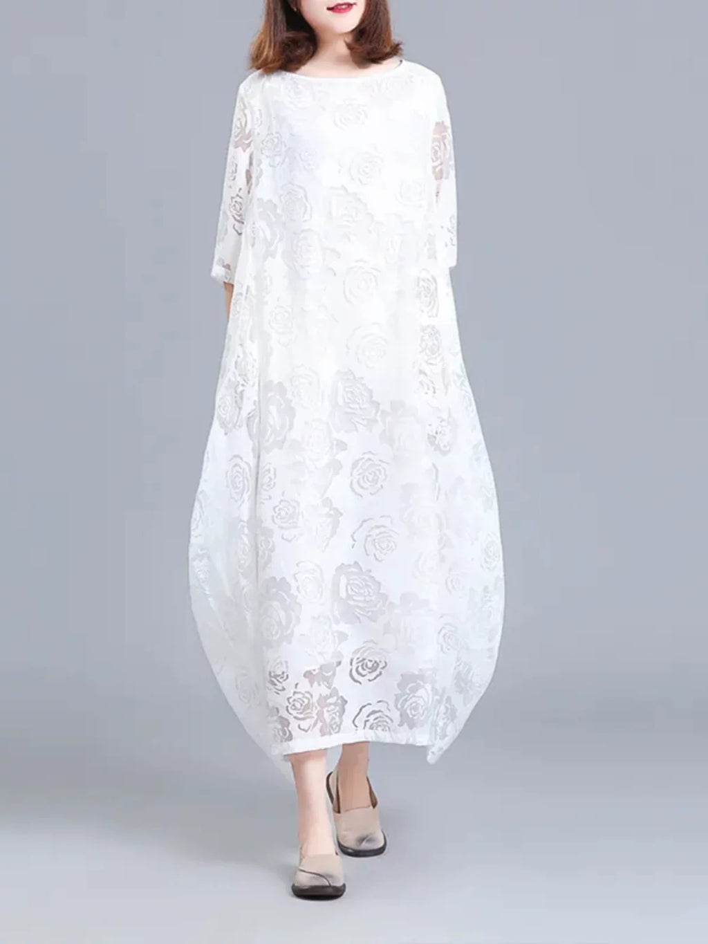 Floral Jacquard Maxi Dress with Sheer Overlay