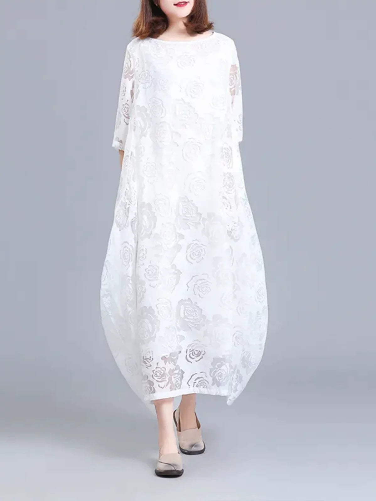 Floral Jacquard Maxi Dress with Sheer Overlay