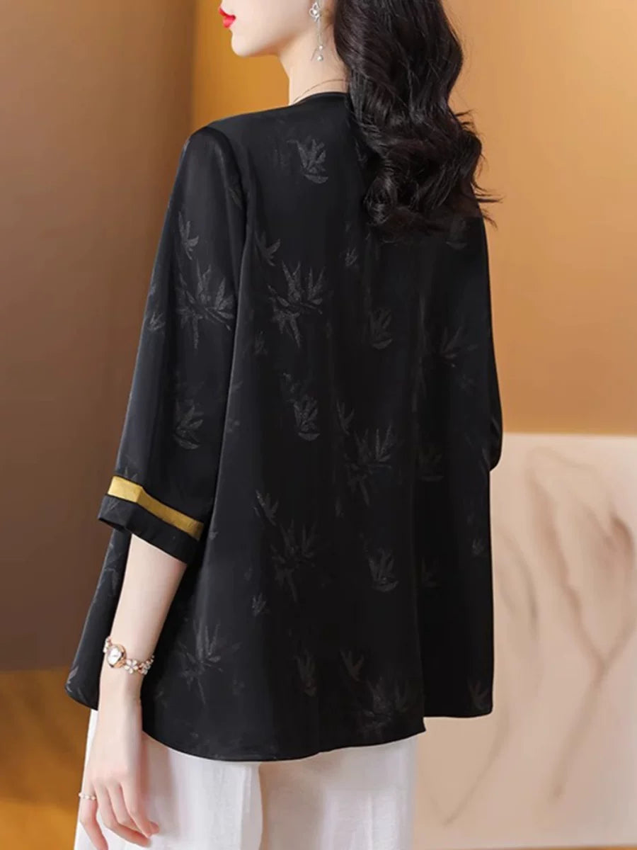 Black Silky-Feel Button Top with Bamboo Jacquard