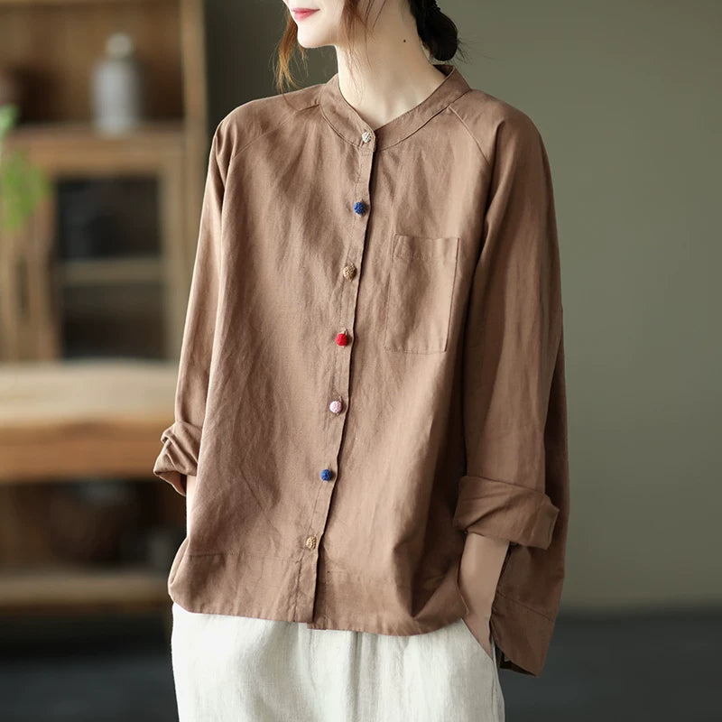 Cotton Linen Small Stand Collar Three Quarter Sleeve Shirt