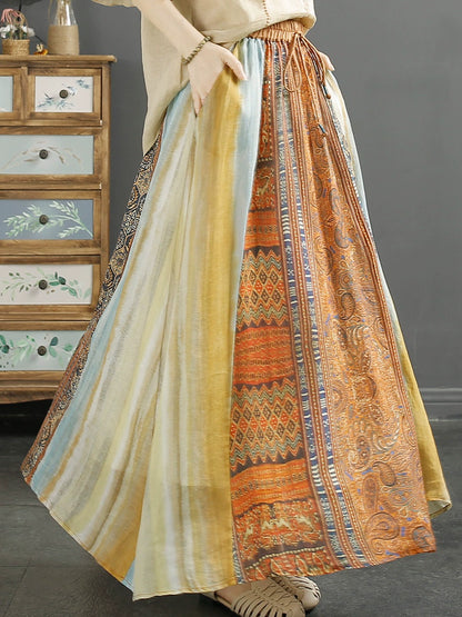 Boho-Maxirock aus Baumwoll-Leinen-Mischgewebe mit Blumenmuster, hohem Bund und fließendem Schnitt für den Urlaub 