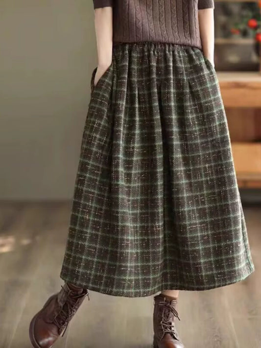 High-Waisted Wool Plaid A-Line Midi Skirt