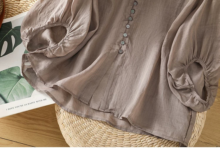 Cotton Linen V-Neck Long Sleeve Shirt with Lantern Sleeves