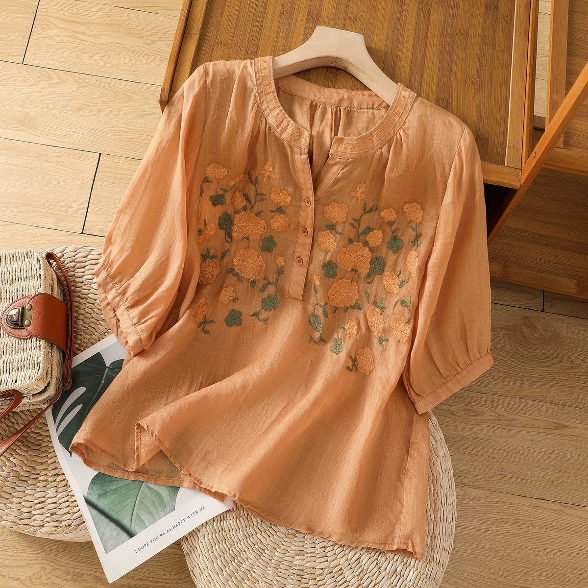 Embroidered Three Quarter Sleeve Cotton Linen Shirt