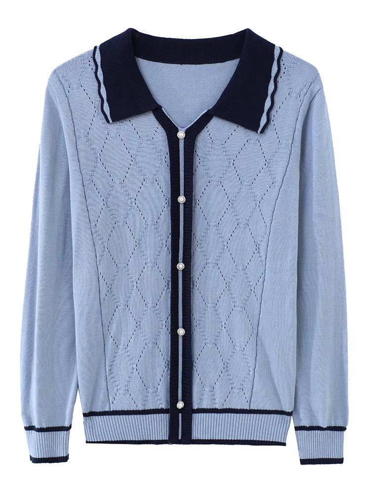 Diamond-Pattern Knit Cardigan with Contrast Collar Trim