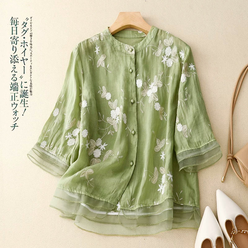 Embroidered Three Quarter Sleeve Shirt, Cotton Linen