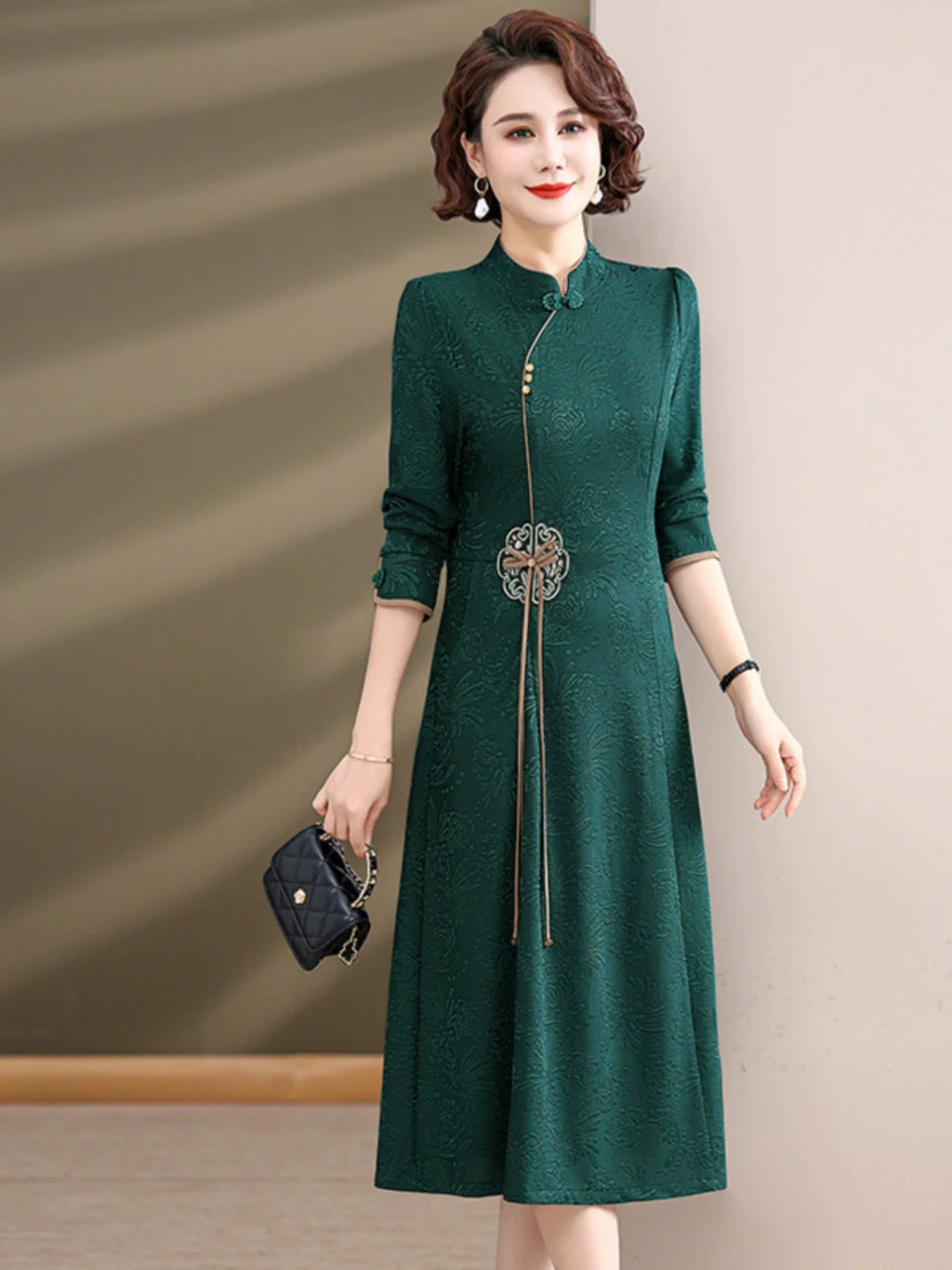 Linen-Look Textured Midi Dress with Chinese-Style Stand Collar