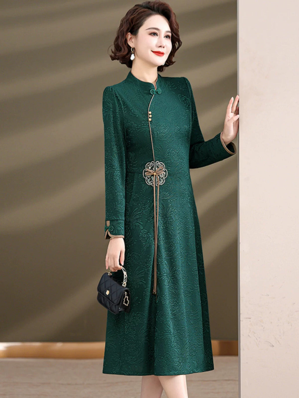 Linen-Look Textured Midi Dress with Chinese-Style Stand Collar