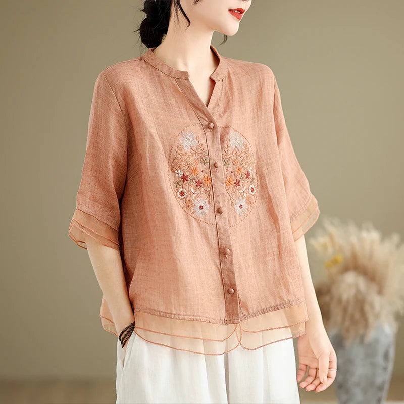 Embroidered Cotton Linen Half Sleeve Shirt with Organza Hem