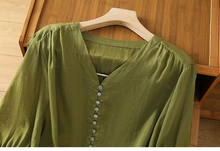 Cotton Linen V-Neck Long Sleeve Shirt with Lantern Sleeves