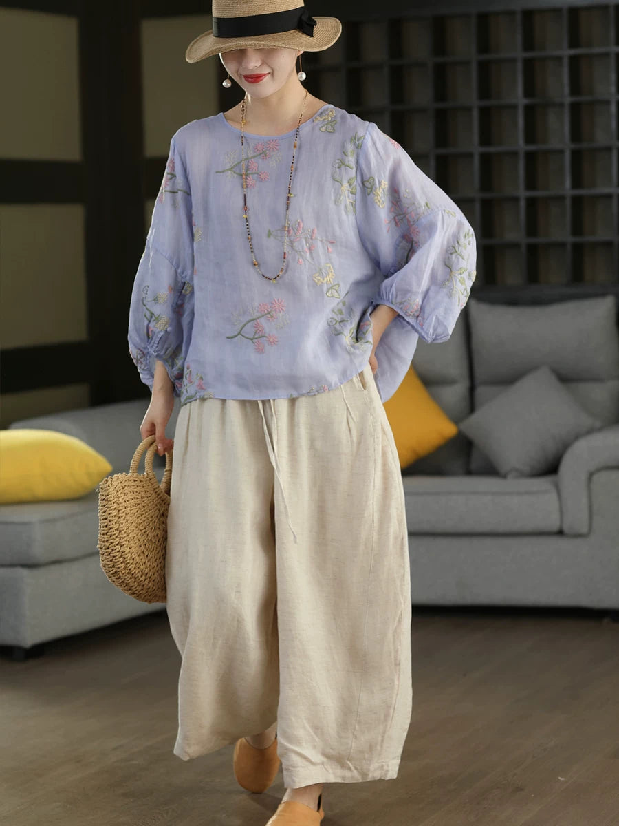 100% Ramie Top with Floral Embroidery & Lantern Sleeves