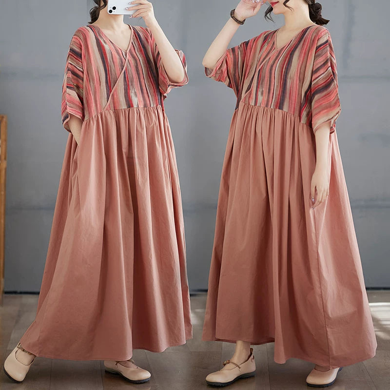 V-Neck Cotton Linen Midi Dress with Stripe Panel