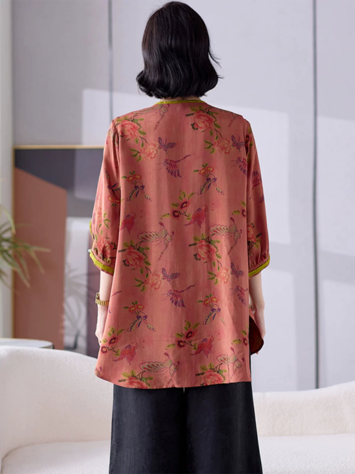 Viscose Blouse with Floral Print & Contrast Trim