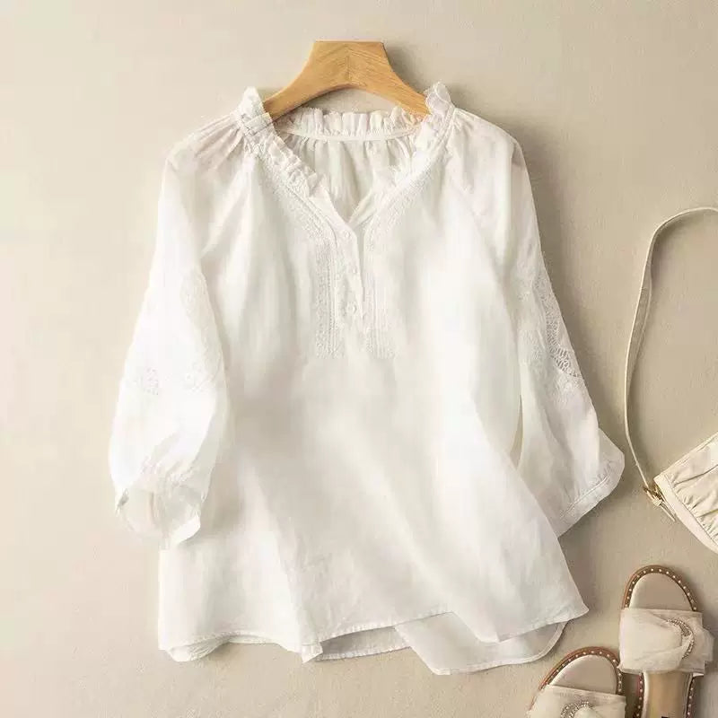 Embroidered Eyelet Lace Trim Half Sleeve Shirt
