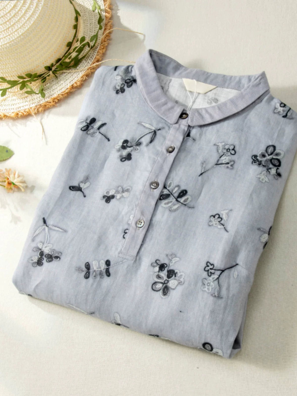 Embroidered Floral Cotton Linen Half Sleeve Midi Dress